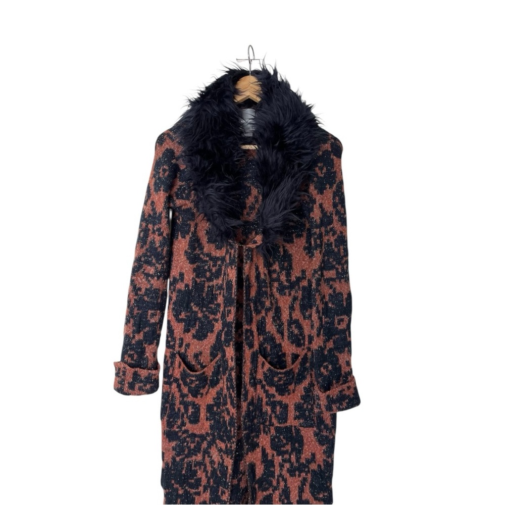 Anthropologie Black and Brown Fuzzy-Trim Long Cardigan Coat - Picture 6 of 9